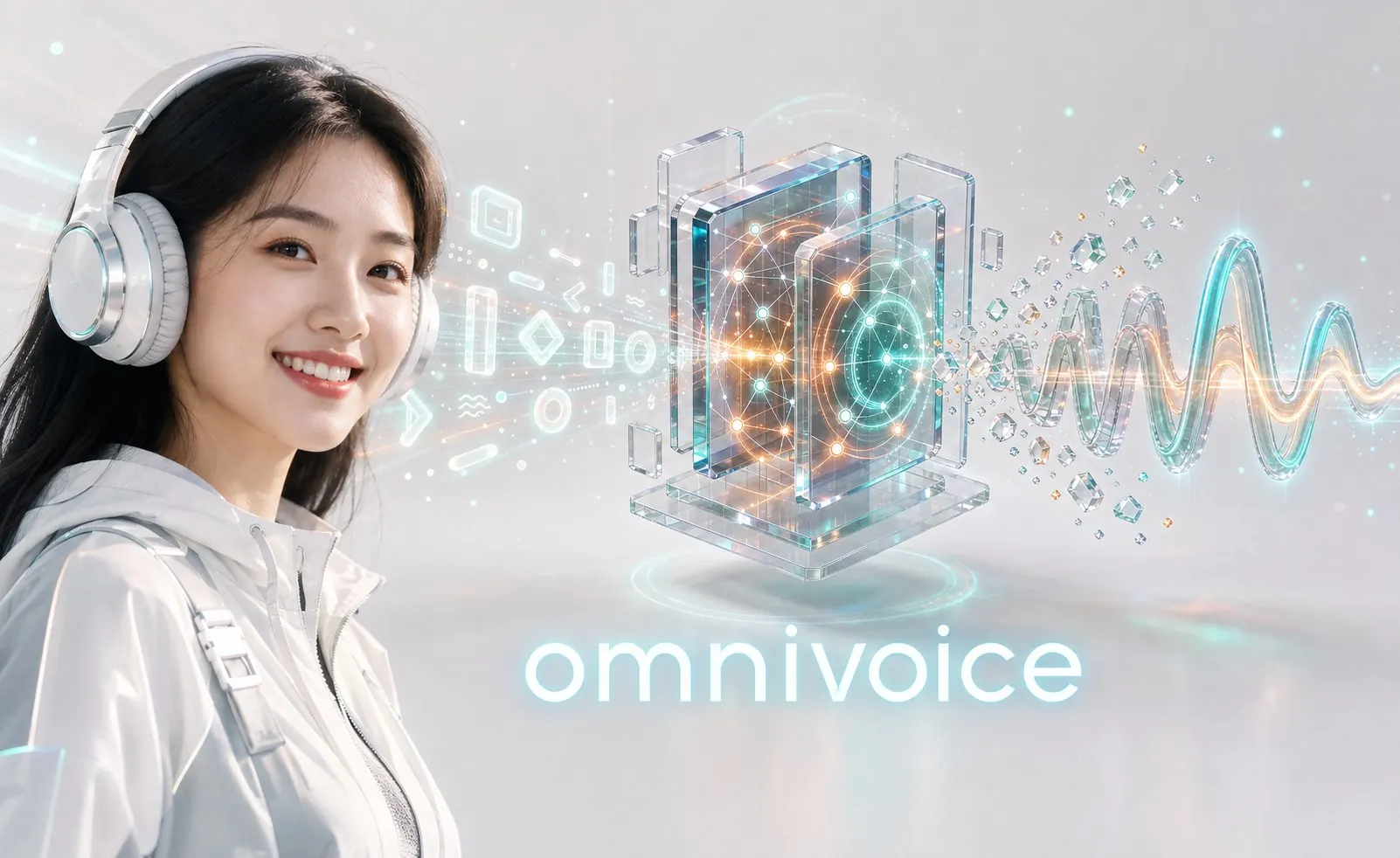 数据经过 OmniVoice 模型处理后转换为语音波形的技术示意图